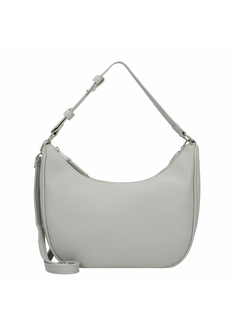 Sac à épaule en cuir gris avec un design incurvé, bandoulière réglable et fermeture éclair. Présente une surface texturée et un logo discret.