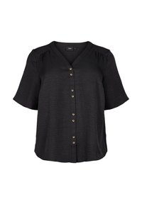 Black short-sleeve blouse with a V-neck, button-down front, and gold-tone buttons. Made from a textured fabric, featuring subtle pleating at shoulders.