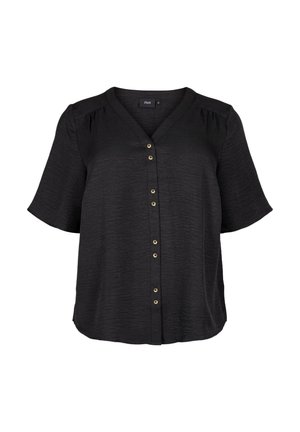 Blouse noire à manches courtes avec un col en V, fermeture à boutons à l'avant et boutons dorés. Fabriquée dans un tissu texturé, avec de légères plis aux épaules.