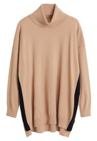 Beige übergroßer Pullover mit einem hohen, gerippten Kragen. Seitliche Akzente in Schwarz. Weiche Textur und lange Ärmel mit gerippten Bündchen.