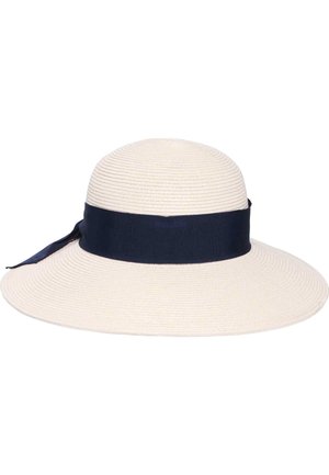 Cappello di paglia bianco a tesa larga con nastro blu navy legato intorno alla corona, progettato per la protezione solare.