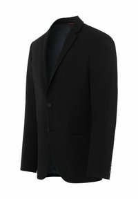 Schwarzer Blazer mit einem einzigen Knopf, Reverskragen, einer aufgesetzten Tasche und Manschetten mit drei Knöpfen. Glattes Material mit taillierter Passform.
