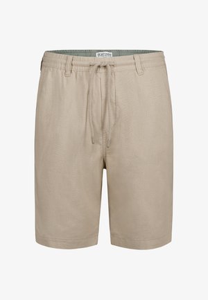 Beige shorts made of lightweight material, featuring an elastic waist with drawstrings and a textured surface. No pockets visible.