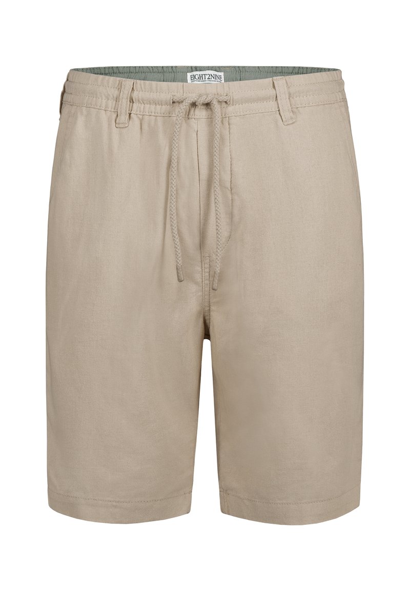 Beige Shorts aus leichtem Material, mit einem elastischen Bund und Kordelzug sowie einer strukturierten Oberfläche. Keine sichtbaren Taschen.