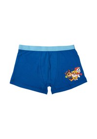 Blue cotton boxer shorts with a light blue waistband and a colorful cartoon print of three characters on the front.