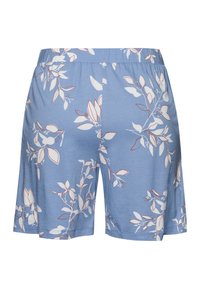Blauwe shorts van zacht materiaal met een bloemenpatroon van witte bladeren en rode accenten. Elastische tailleband voor comfort.