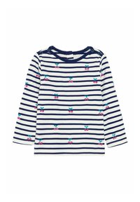 Langarm-T-Shirt mit navyblauen und weißen Streifen, verziert mit gestickten Kirschmotiven in Pink und Grün, runder Halsausschnitt mit Knopfakzenten.