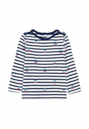 Langarm-T-Shirt mit navyblauen und weißen Streifen, verziert mit gestickten Kirschmotiven in Pink und Grün, runder Halsausschnitt mit Knopfakzenten.