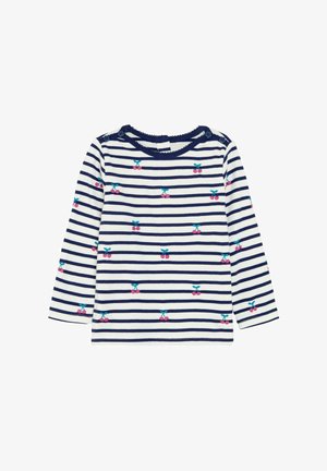 Langærmet t-shirt med navy- og hvide striber, med broderede kirsebærmotiver i pink og grøn, rund halsudskæring med knapdetaljer.