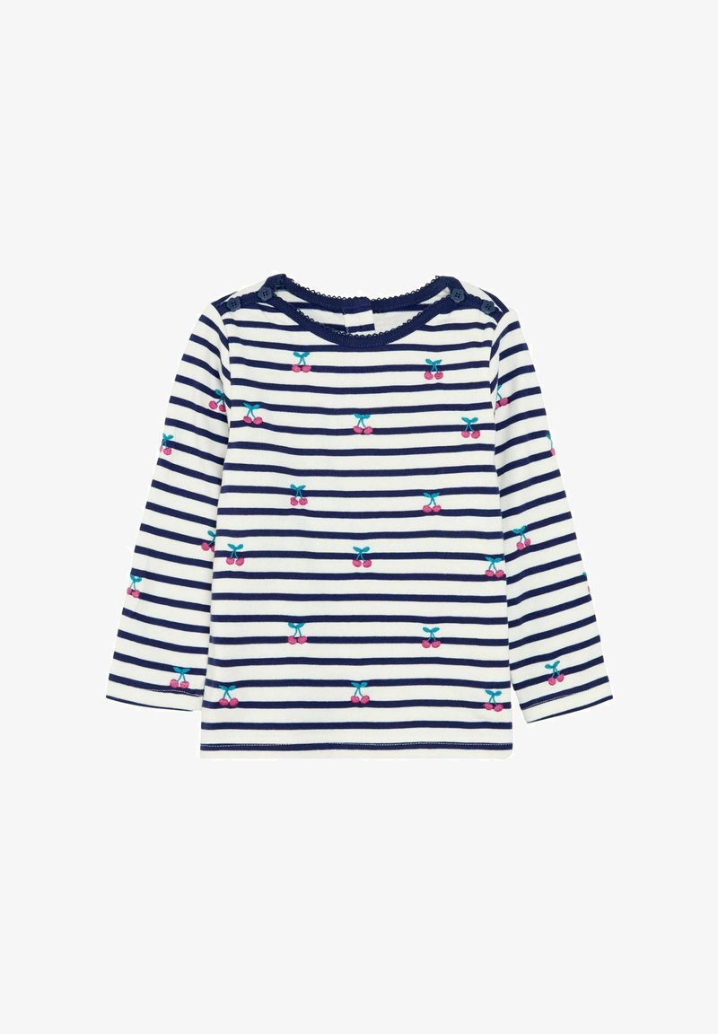 Ilga rankovė marškinėliai su tamsiai mėlynomis ir baltomis juostelėmis, kuriuose siuvinėti vyšnių motyvai rožinės ir žalios spalvos, apvalus iškirpimas su mygtukų akcentais.