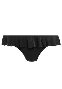 Black bikini bottom with a ruffled waistband. Made of smooth fabric, it features a classic cut and is designed for comfort and fit.