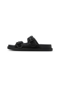 Svarta slide-sandaler med två justerbara spännen, en strukturerad ovandel och en platt gummisula, med en minimalistisk design.