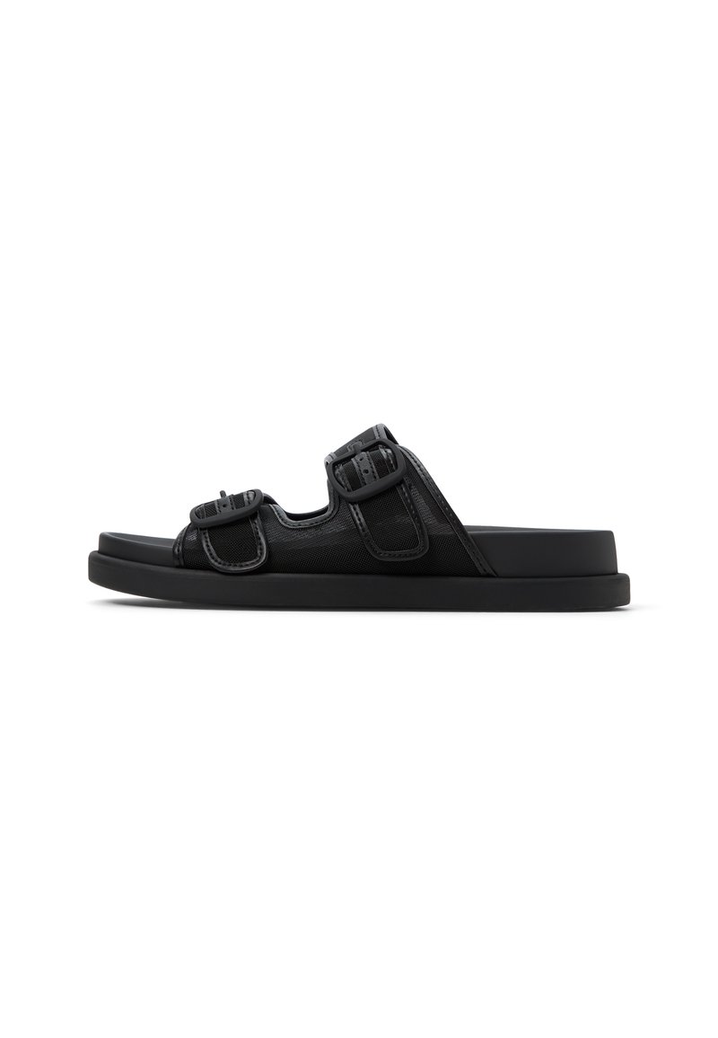 Svarta slide-sandaler med två justerbara spännen, en strukturerad ovandel och en platt gummisula, med en minimalistisk design.