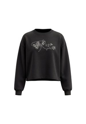 Sort langærmet sweatshirt med en rhinsten design af en sommerfugl, rose og ordet "Rose" på brystet.