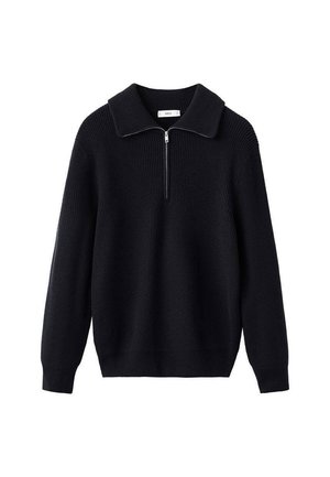 Maglione nero lavorato a maglia con una texture a coste, un ampio colletto e una zipper a metà lunghezza sul davanti. Maniche lunghe e vestibilità rilassata.