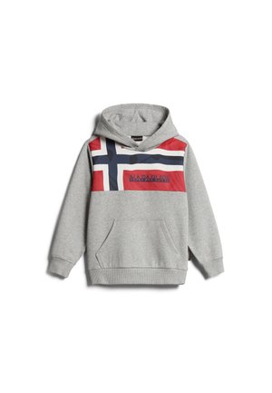 Sweat à capuche gris taille enfant avec poche avant, arborant un design de drapeau rouge, blanc et bleu marine et le nom de la marque sur la poitrine.
