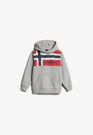 Sweat à capuche gris taille enfant avec poche avant, arborant un design de drapeau rouge, blanc et bleu marine et le nom de la marque sur la poitrine.