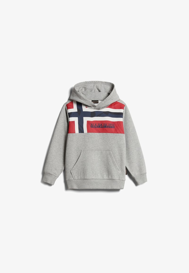 Sweat à capuche gris taille enfant avec poche avant, arborant un design de drapeau rouge, blanc et bleu marine et le nom de la marque sur la poitrine.