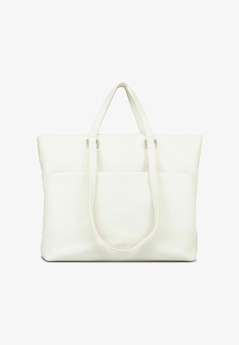 Sac cabas en cuir blanc avec double poignée supérieure, forme rectangulaire et surface douce texturée, présenté sur fond blanc uni.