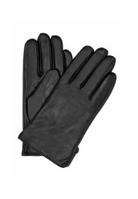 Czarne skórzane rękawice o gładkiej teksturze, z pięcioma przegrodami na palce i subtelnymi detalami przeszycia wzdłuż szwów.
