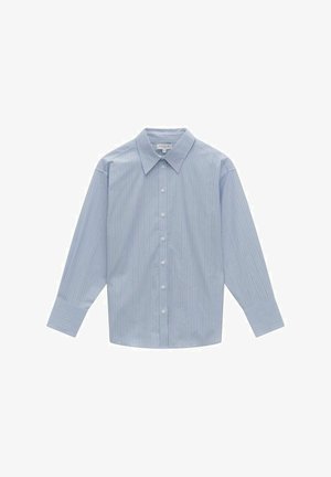 Light blue long-sleeve shirt with vertical white stripes, button-up front, pointed collar, and loose fit. Smooth texture, standard cuffs.