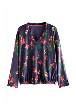Bluzka z długim rękawem i dekoltem w serek w ciemnym granacie z kwiatowym wzorem przedstawiającym różowe i pomarańczowe orchidee. Elastyczny dół i subtelne logo.