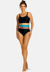Czarny jednoczęściowy strój kąpielowy w poziome paski w kolorach żółtym, niebieskim i brązowym. Posiada cienkie ramiączka oraz fakturowany materiał.