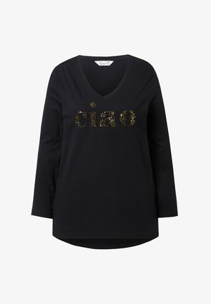 Schwarzes langärmliges T-Shirt mit V-Ausschnitt und goldenen Paillettenbuchstaben, die "Ciao" auf der Vorderseite spelln. Glatte Textur, lockere Passform und abgerundeter Saum.