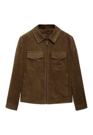 Brown suede zip-up jacket with a collar, two chest pockets, and side pockets. Features a smooth texture and a tailored fit.