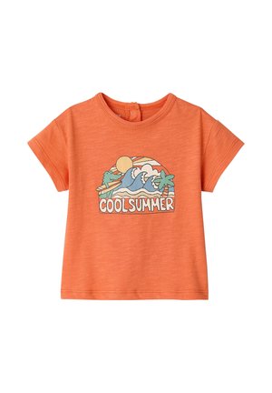Orange short-sleeve toddler shirt with a sun, waves, palm tree, and crocodile holding a surfboard above "COOL SUMMER" text.