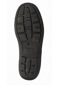 Černá gumová podrážka boty s vzorovaným gripem obsahující rýhy a hexagonální tvary, s označením značky "ROHDE" a velikostí "41."