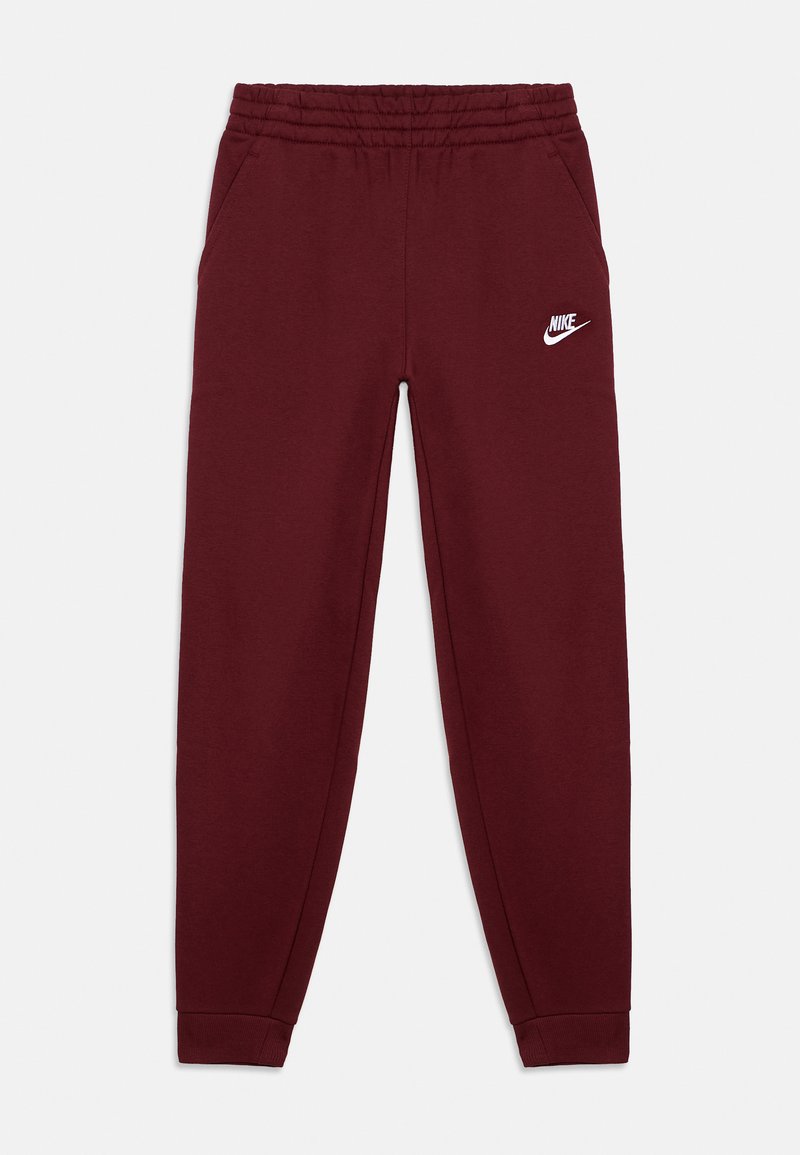 Burgundské tepláky s elastickým pásom, bočnými vreckami a bielym logom Nike na ľavom stehne. Materiál je mäkký a pružný.