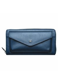 Navy leather wallet with a zip closure, front flap pocket, silver-tone hardware, and a smooth texture. Minimalist design with clean lines.