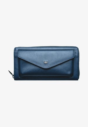 Navy leather wallet with a zip closure, front flap pocket, silver-tone hardware, and a smooth texture. Minimalist design with clean lines.