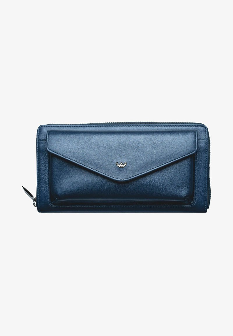 Portefeuille en cuir navy avec fermeture éclair, poche à rabat à l'avant, quincaillerie en ton argent et une texture lisse. Design minimaliste avec des lignes épurées.