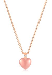 Collana a catena in oro rosa con un pendente a forma di cuore rosa liscio, dotato di un accento in pietra trasparente nella parte superiore vicino all'anello.