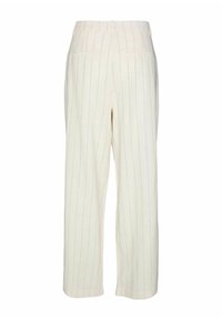 Pantaloni a gamba larga color crema con righe verticali blu e rosse. Presentano un alto punto vita e due tasche posteriori. Tessuto morbido.