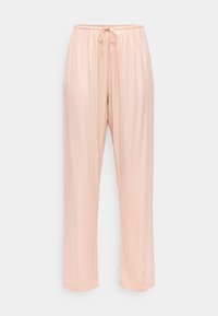 Lichtroze, losse broek met een elastische tailleband en trekkoord. Zacht, soepel materiaal met een rechte pijpdesign. Geen zichtbare patronen.
