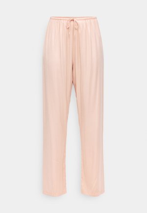Svetloružové voľné nohavice s elastickým pásom a šnúrkou na stiahnutie. Mäkkučká, hladká tkanina s priamym strihom nohavíc. Žiadne viditeľné vzory.