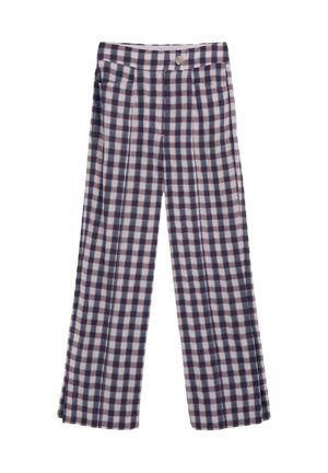 Pantalones de pierna recta con patrón de cuadros en negro, blanco y burdeos, cierre de botones y bolsillos delanteros, presentados sobre un fondo blanco.