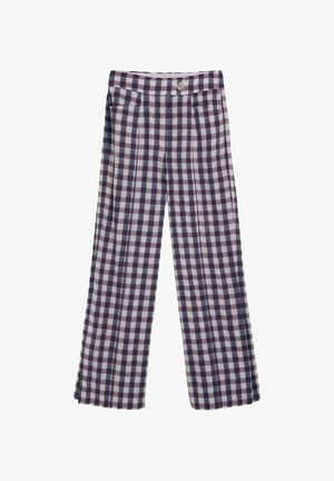Pantalon droit avec motif à carreaux noir, blanc et bordeaux, fermeture par boutons et poches avant, présenté sur fond blanc.