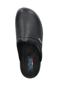 Zwarte leren instapklomp met een gecontourde vorm, textuur bovenkant en een zachte, donkere binnenzool met een "FLYFLOT" label.