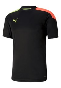 Svart atletisk t-shirt med korta ärmar. Har neongröna och orangea accentstrimmor, samt en liten reflektiv logga på bröstet.