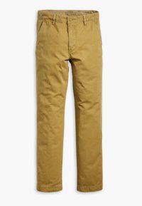 Pantalon chino kaki pour homme à coupe droite avec passants de ceinture, bouton devant, fermeture éclair et poches latérales.