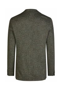 Donkergrijze heren tweed blazer vanuit de achterkant gezien, met lange mouwen en een klassieke kraag.