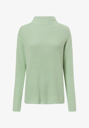 Hellgrüner, gerippter Strickpullover mit hohem Kragen, langen Ärmeln und lockerer Passform. Hergestellt aus strukturiertem Stoff, der einen gemütlichen Look bietet.