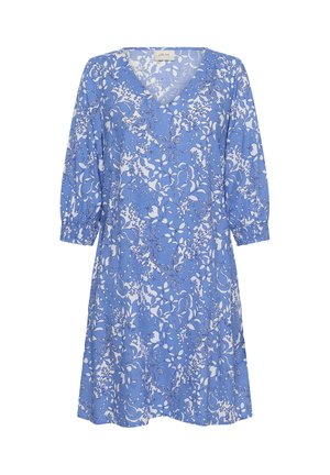 Modra cvetna obleka z V-izrezom, tromesečnimi napihnjenimi rokavi in A-linijskim krojem. Poliester tkanina z belimi cvetovi in vrtinčastimi vzorci.