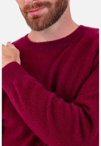 Pull cramoisi à col rond et poignets côtelés, fabriqué en tissu doux et texturé, mettant en valeur une coupe confortable et décontractée.