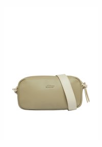 Beige synthetisches Leder Umhängetasche mit einem weißen Gurt, rechteckige Form, glatte Textur und dezentem "s.Oliver" Logo.