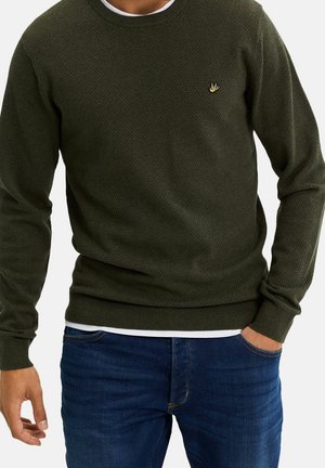 Maglione a tutta maglia verde oliva con un motivo testurizzato, scollatura rotonda e un piccolo logo dorato sul lato sinistro del petto. Abbinato a jeans blu.